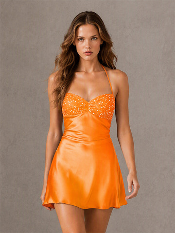 Striking A-Line Sweetheart Halter Open-Back Satin Mini Homecoming Dress