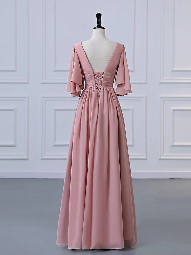 V-Neck Flutter Sleeve Ruched Waist Chiffon A-Line Bridesmaid Maxi Dress with Lace-Up Back
