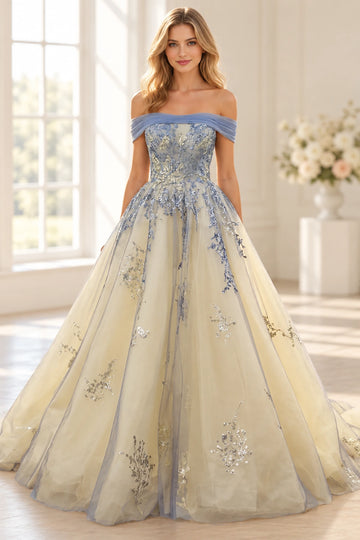 Romantic Tulle Ball Gown Off-Shoulder Short-Sleeve Lace-Up Floor-Length Wedding Dress