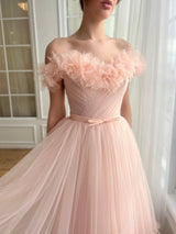 A-Line/Princess Off-the-Shoulder 3D Flower Tulle Midi Dress Prom Dress with Embroidered Flowers