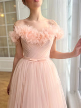 A-Line/Princess Off-the-Shoulder 3D Flower Tulle Midi Dress Prom Dress with Embroidered Flowers
