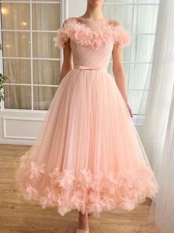 A-Line/Princess Off-the-Shoulder 3D Flower Tulle Midi Dress Prom Dress with Embroidered Flowers