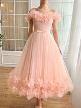 A-Line/Princess Off-the-Shoulder 3D Flower Tulle Midi Dress Prom Dress with Embroidered Flowers