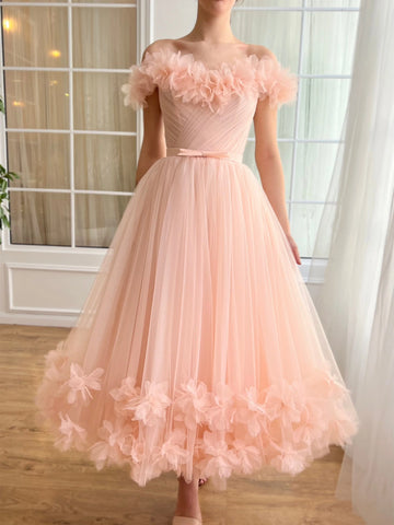 A-Line/Princess Off-the-Shoulder 3D Flower Tulle Midi Dress Prom Dress with Embroidered Flowers