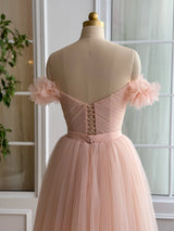 A-Line/Princess Off-the-Shoulder 3D Flower Tulle Midi Dress Prom Dress with Embroidered Flowers