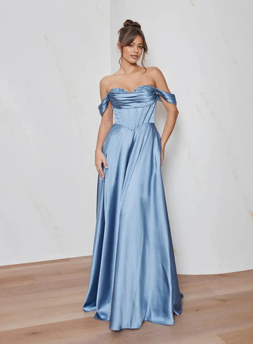 Elegante Vestido de Noche Formal de Satén con Abalorios, Corte A, con Hombros Descubiertos, Largo Maxi