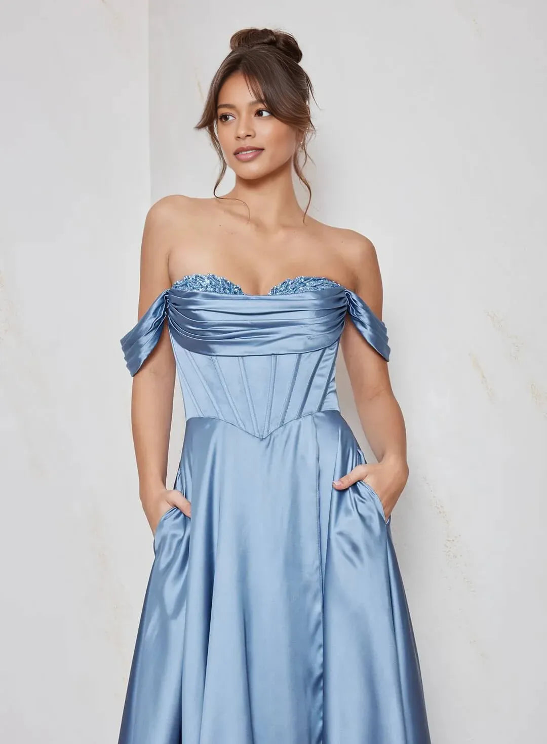 Elegant A-Line Off-The-Shoulder Beaded Satin Maxi Gown Formal Evening Dress