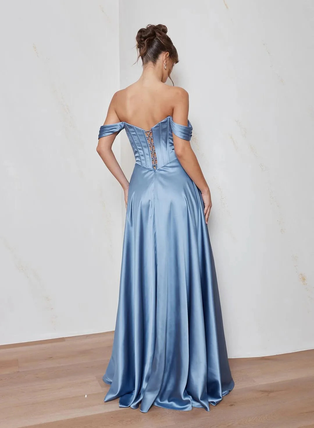 Elegant A-Line Off-The-Shoulder Beaded Satin Maxi Gown Formal Evening Dress