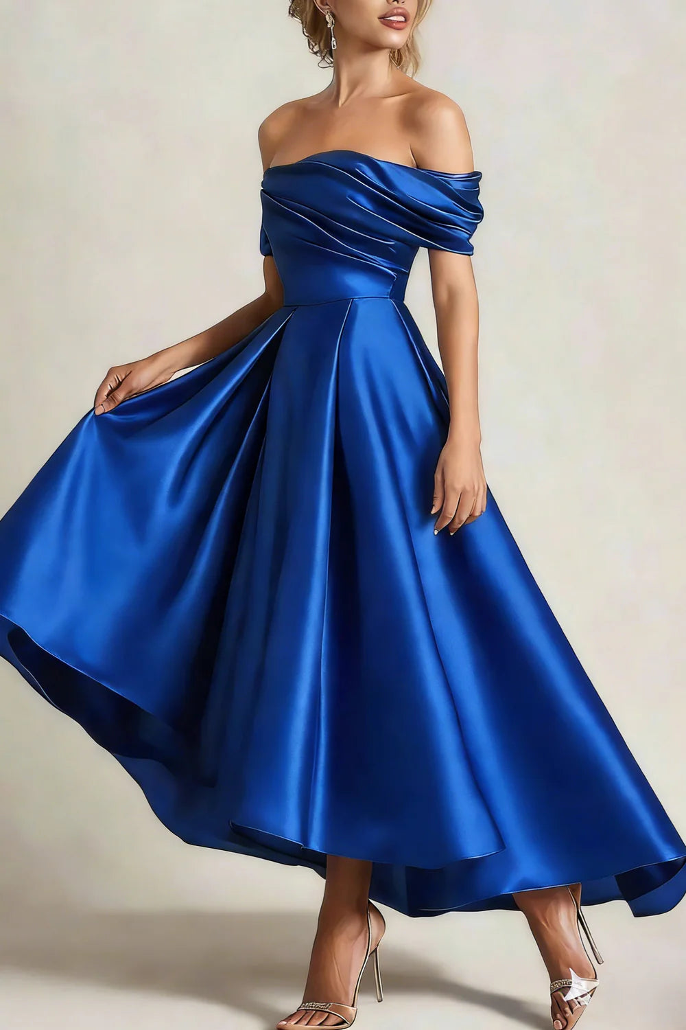 Off the Shoulder Ruched Elegant Cocktail Dress Satin Ruched Party Dress With Pocket