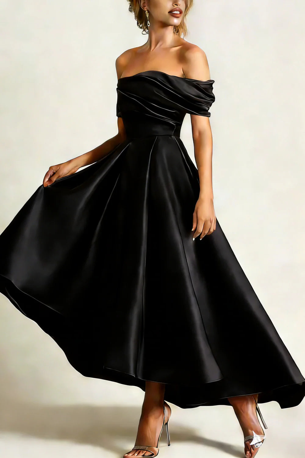 Off the Shoulder Ruched Elegant Cocktail Dress Satin Ruched Party Dress With Pocket