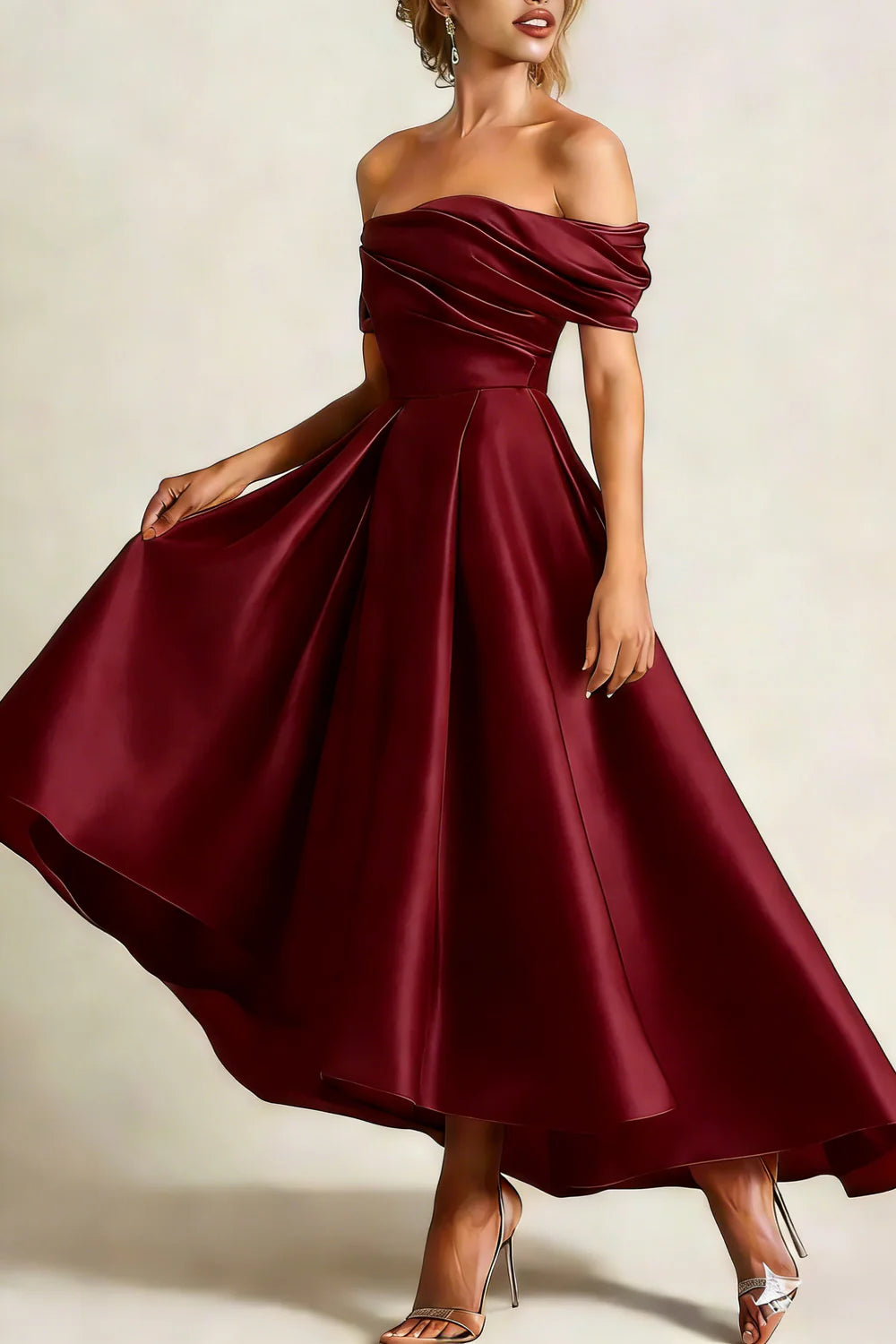 Off the Shoulder Ruched Elegant Cocktail Dress Satin Ruched Party Dress With Pocket