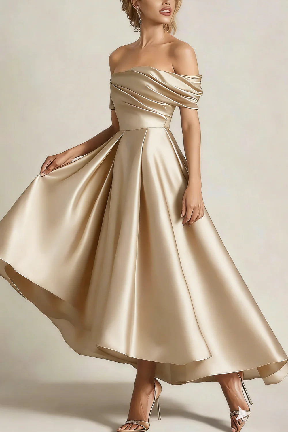 Off the Shoulder Ruched Elegant Cocktail Dress Satin Ruched Party Dress With Pocket