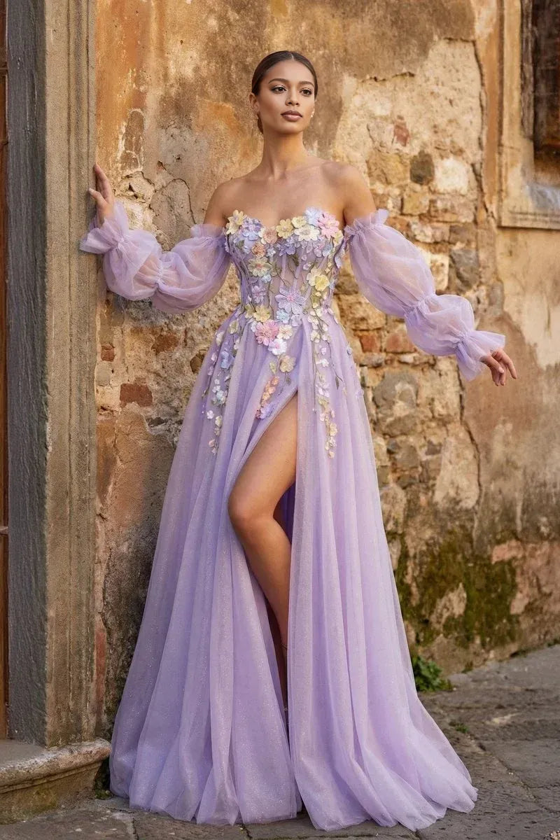 Vestido de Fiesta Largo con Flores 3D de Tul en A con Hombros Descubiertos y Abertura Alta