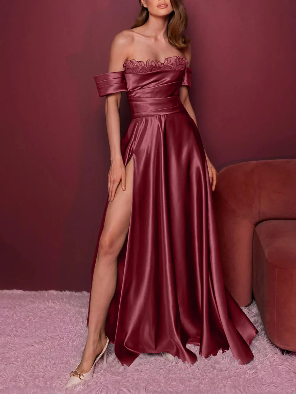 Elegante vestido de noche sin tirantes, sin mangas, hasta el suelo, corte A, con apliques