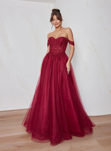 Elegant A-Line Off-The-Shoulder Lace Tulle Maxi Gown Prom Dresses
