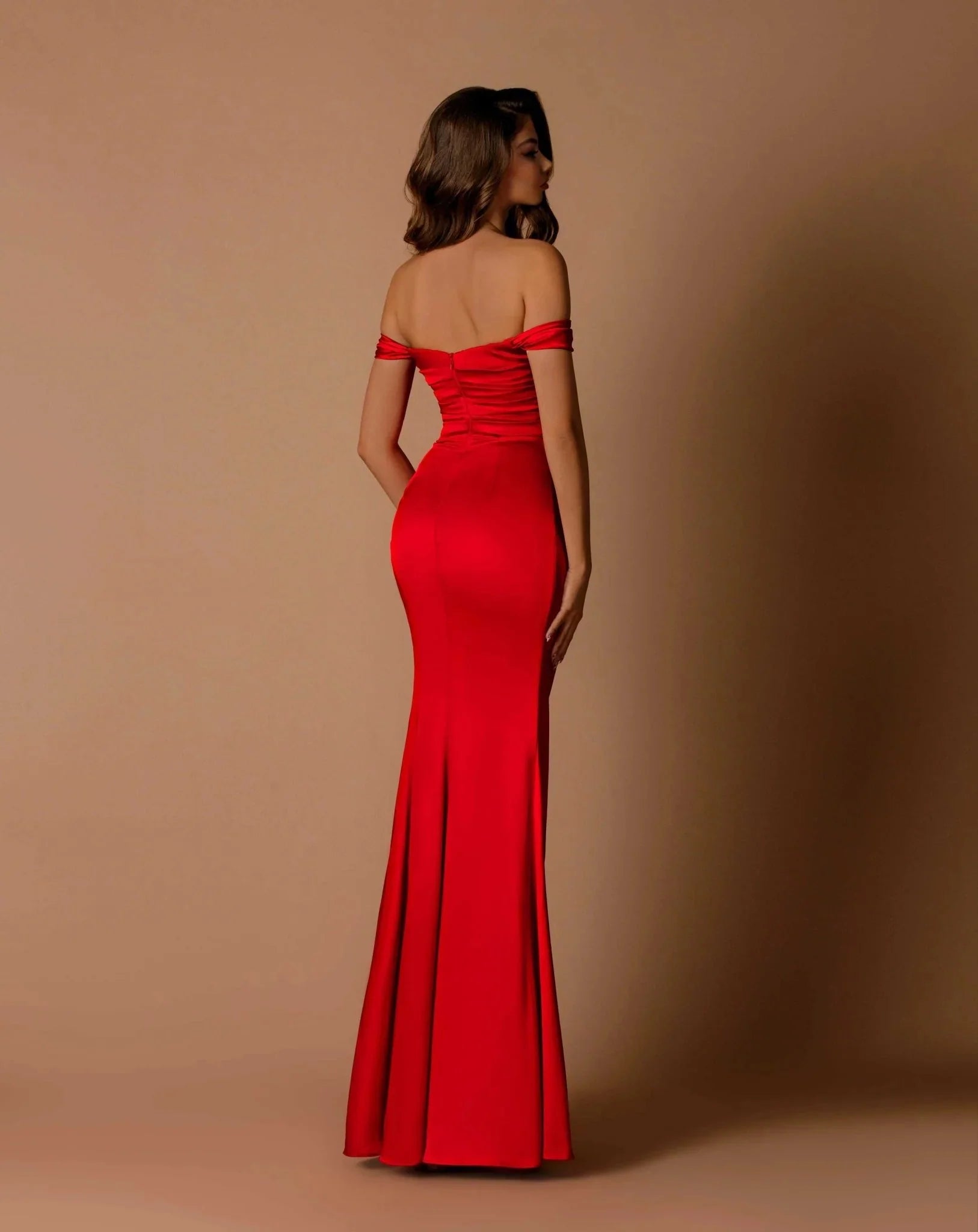 Glamorous Off-The-Shoulder Ruched Satin Formal Gown Evening Dress With Hight Slit