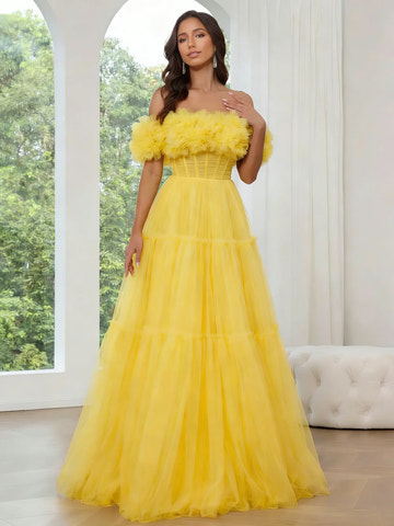 A-Line/Princess Off-the-Shoulder Prom Dresses Ruffled Tulle Evening Gown