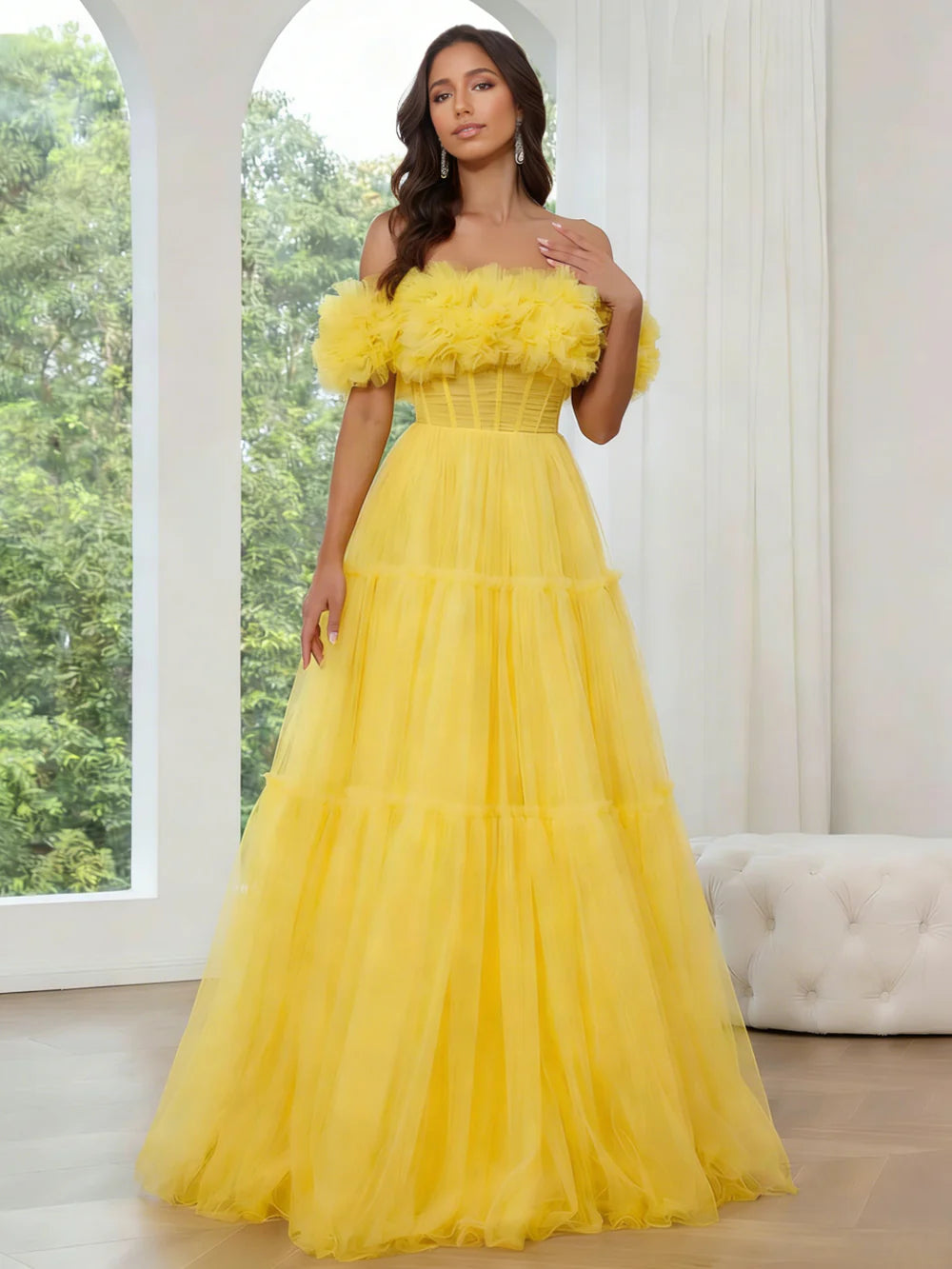 A-Line/Princess Off-the-Shoulder Prom Dresses Ruffled Tulle Evening Gown