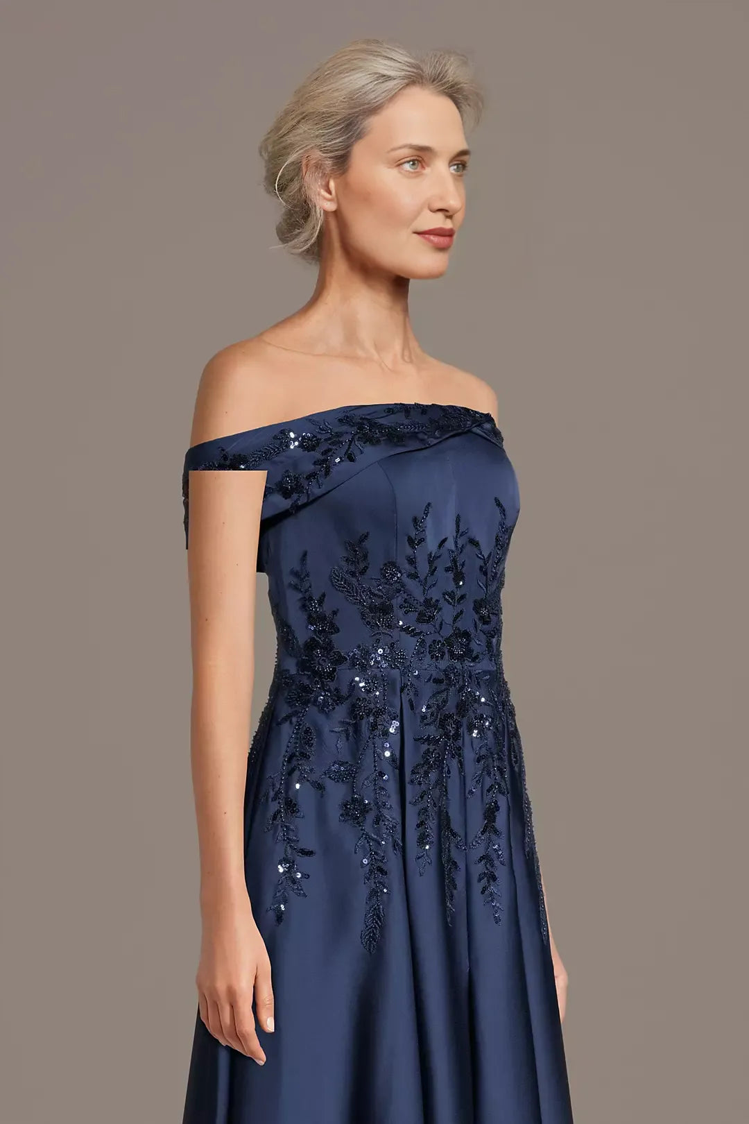 A-line Off-the-Shoulder Sequin Applique Satin Maxi Gown Mother of the Bride Dress