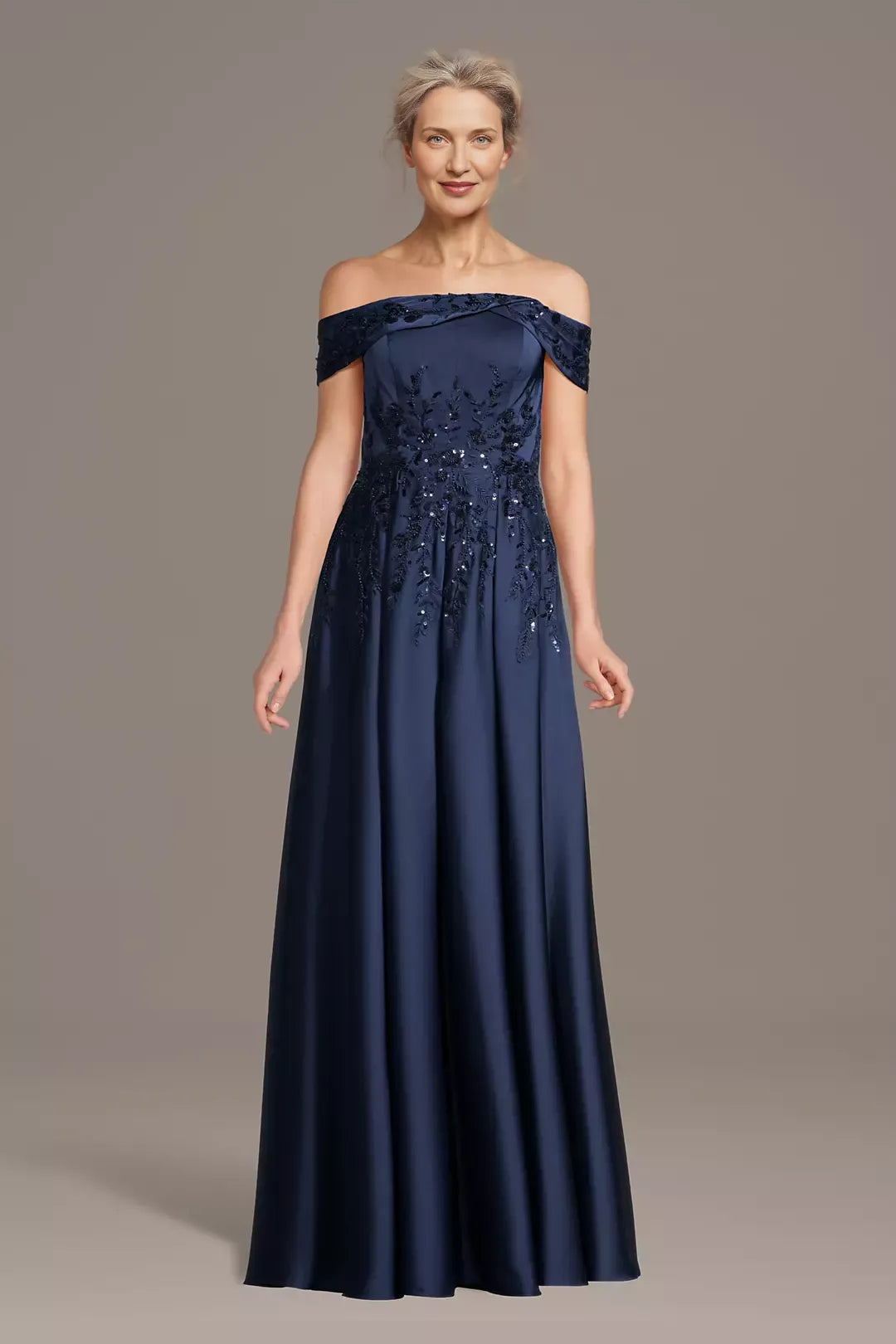 A-line Off-the-Shoulder Sequin Applique Satin Maxi Gown Mother of the Bride Dress