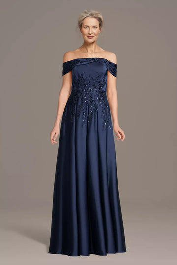 A-line Off-the-Shoulder Sequin Applique Satin Maxi Gown Mother of the Bride Dress