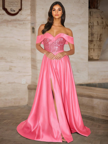 Off-the-Shoulder Sleeveless Long Evening Dresses Satin Sequin Prom Dresses With Side Split