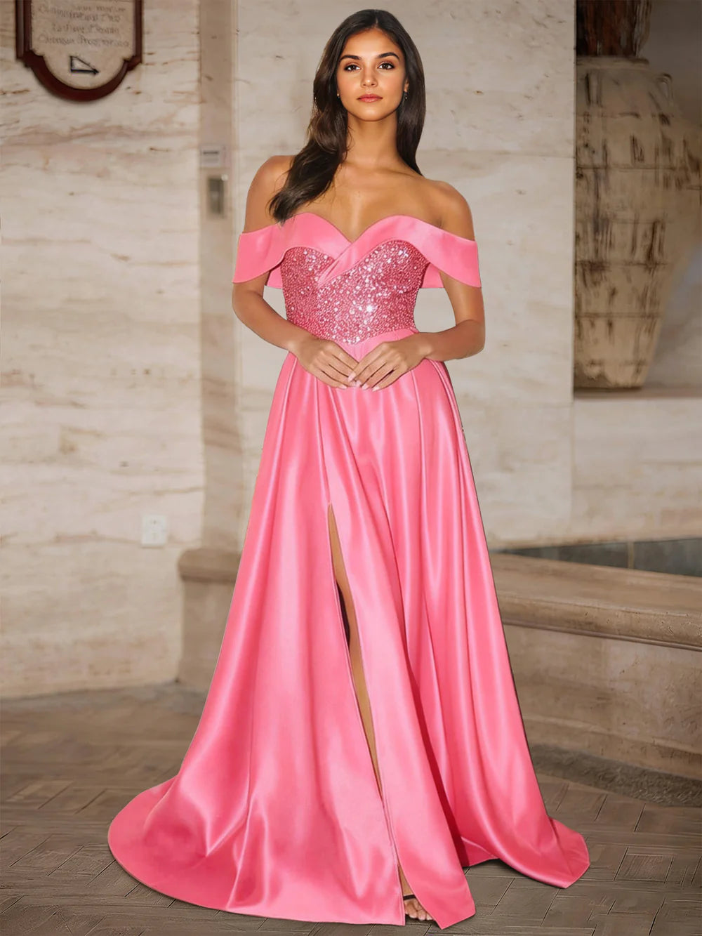Vestidos de Noche Largos sin Hombros sin Mangas de Satén con Lentejuelas para Fiesta de Graduación con Abertura Lateral