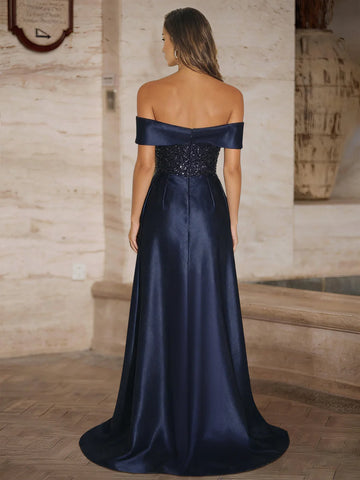 Off-the-Shoulder Sleeveless Long Evening Dresses Satin Sequin Prom Dresses With Side Split