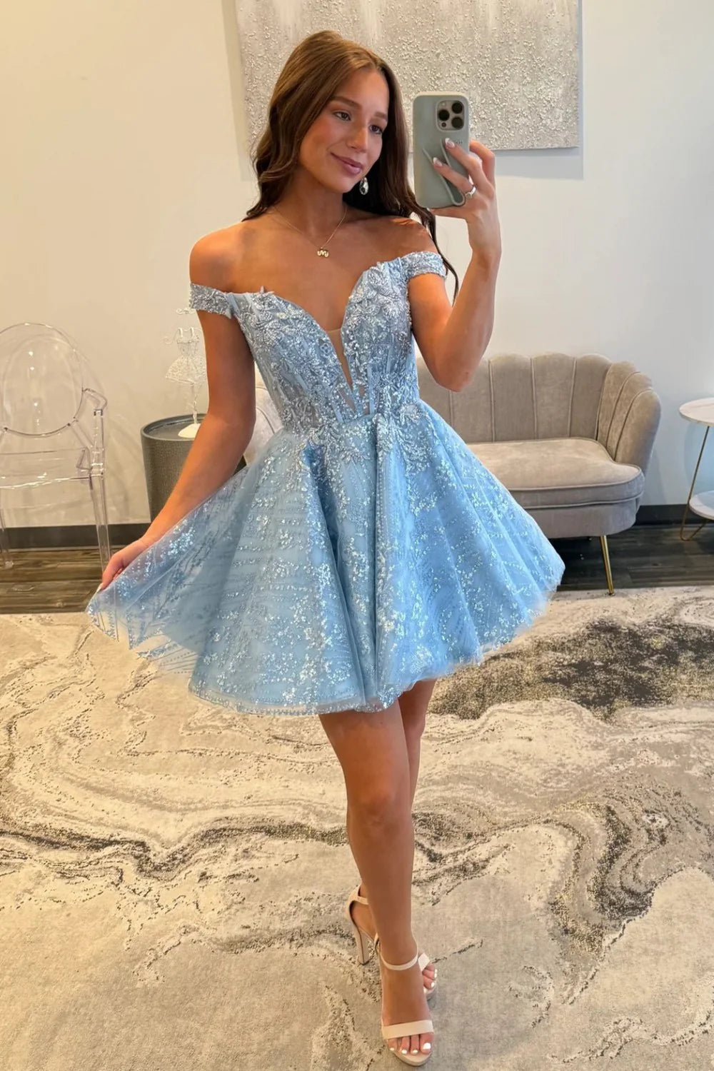 A-Line Off-the-Shoulder Short Sleeve Lace Homecoming Dress with Glitter Tulle