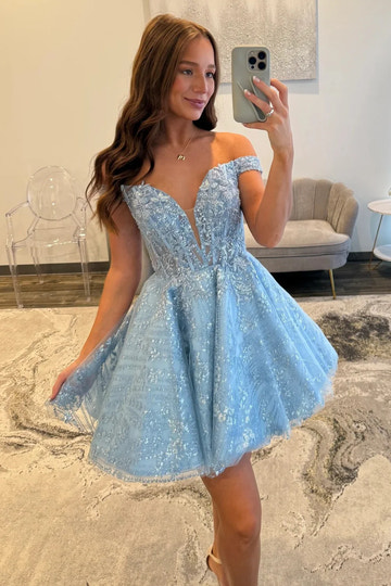 A-Line Off-the-Shoulder Short Sleeve Lace Homecoming Dress with Glitter Tulle