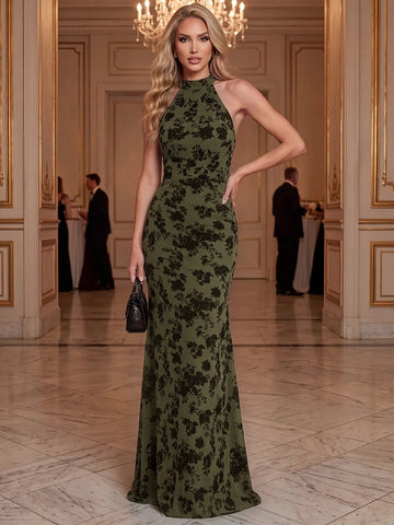 Olive green floral mermaid evening dress with high halter neckline, black botanical pattern, sleeveless fitted bodice and floor-length flared skirt, front view.