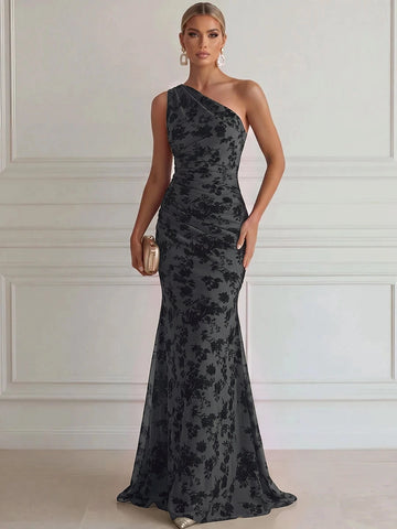 Sophisticated Olive Green Floral Mermaid One Shoulder Sleeveless Zipper Back Evening Dress