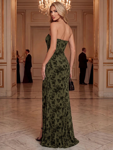 Olive green strapless mermaid evening gown featuring black floral pattern, fitted closed back, defined waist and softly flared floor-length skirt, back view.