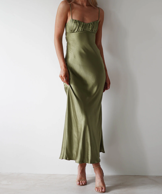 Spaghetti Strap Satin Slit Maxi Dress Bridesmaid Dresses with Backless Draped Bust Soft Satin