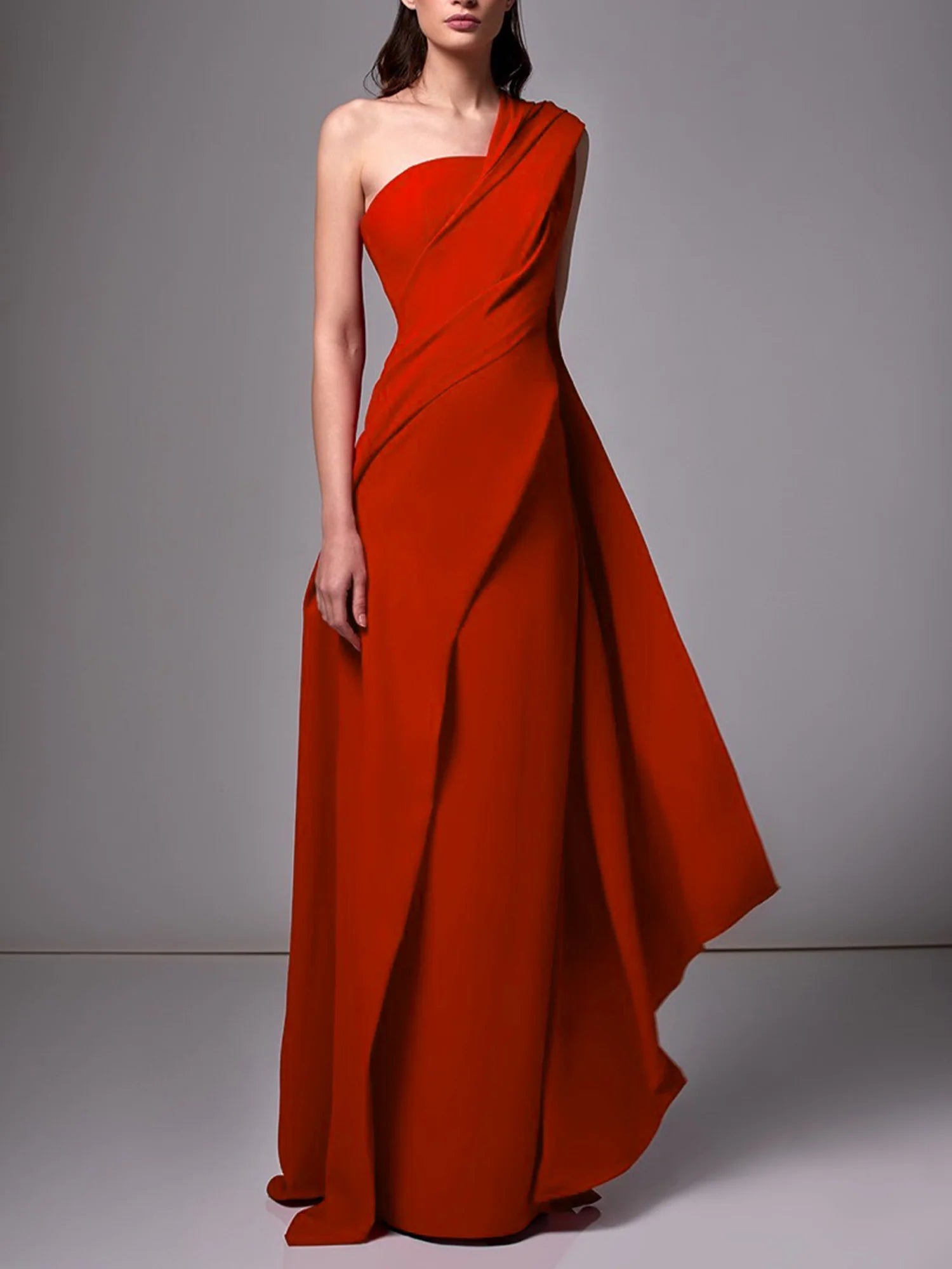 Sheath/Column One Shoulder Draped Satin Evening Dresses With Pleats Ruched
