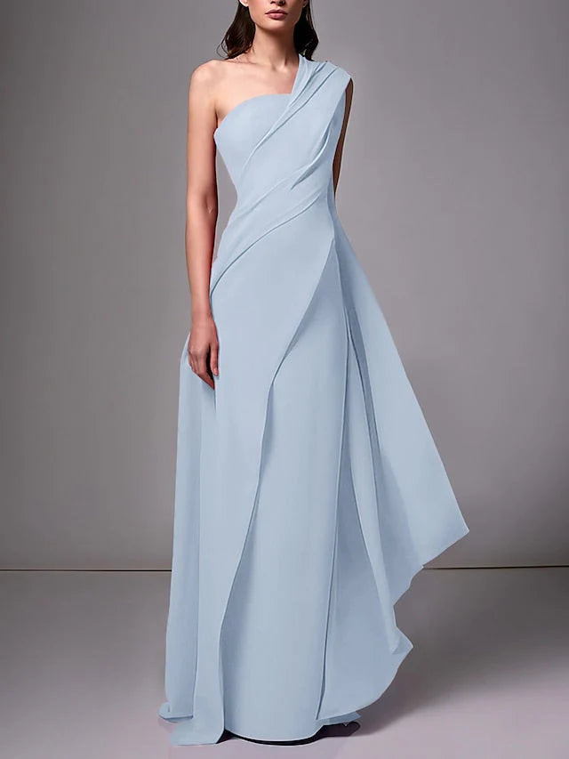 Sheath/Column One Shoulder Draped Satin Evening Dresses With Pleats Ruched