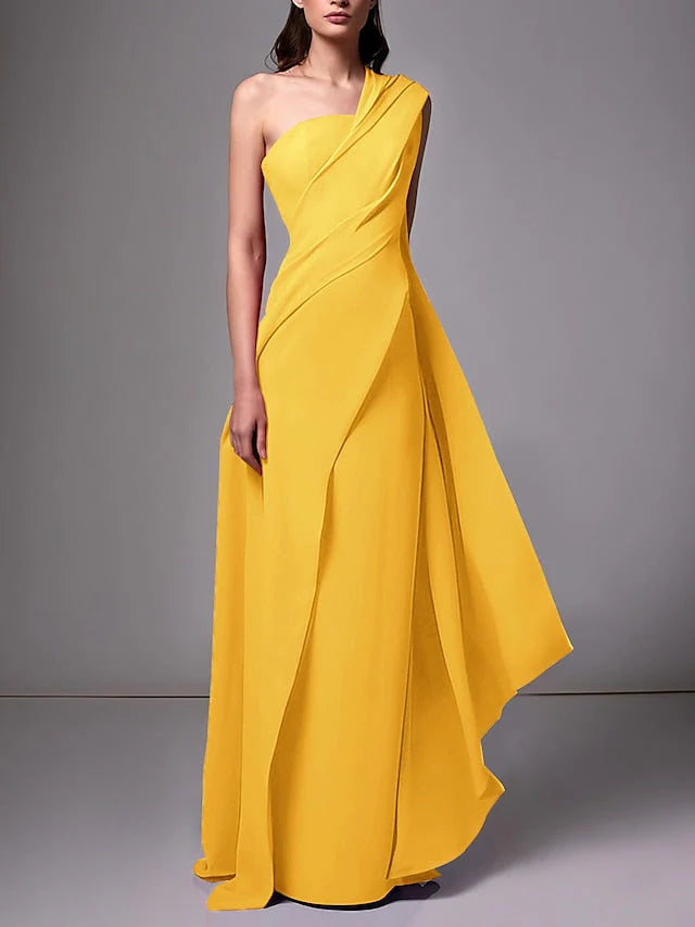 Sheath/Column One Shoulder Draped Satin Evening Dresses With Pleats Ruched