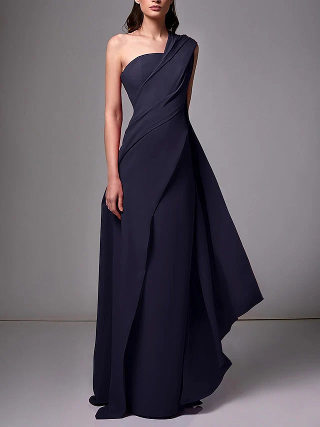 Sheath/Column One Shoulder Draped Satin Evening Dresses With Pleats Ruched
