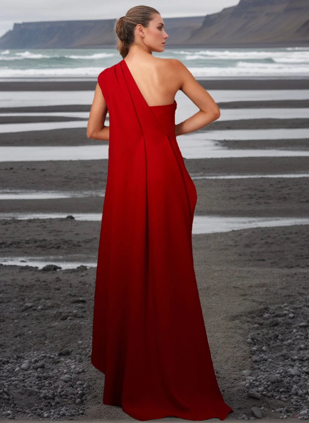 Sheath/Column One Shoulder Draped Satin Evening Dresses With Pleats Ruched