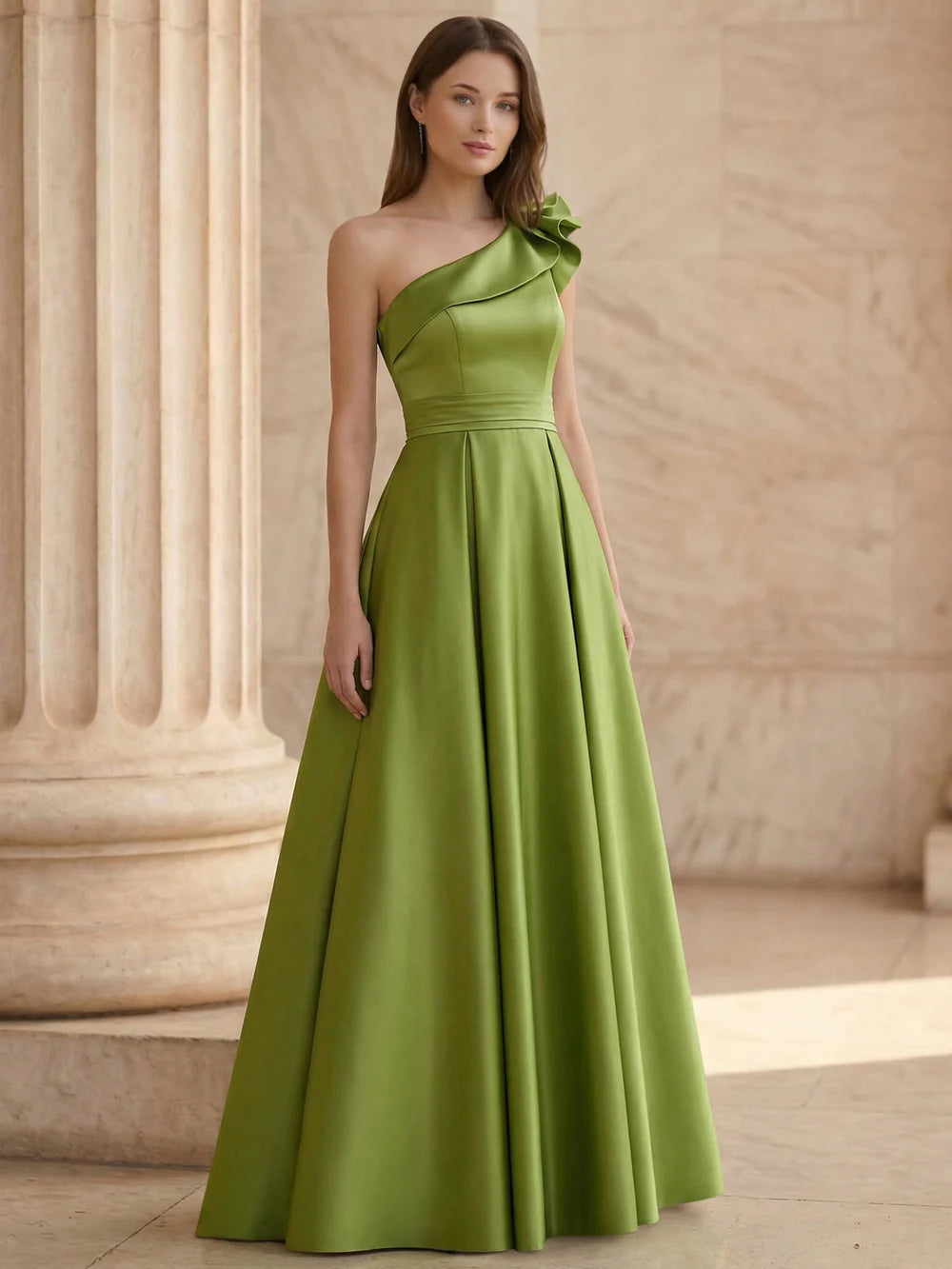 A-Line One-Shoulder Ruffle Satin Formal Corset Evening Dress Cocktail Dress