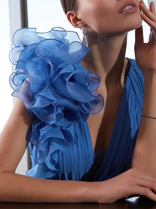 A-Line Sleeveless V Neck Ruffles Shoulder Flower Chiffon Prom Dress with Court Train