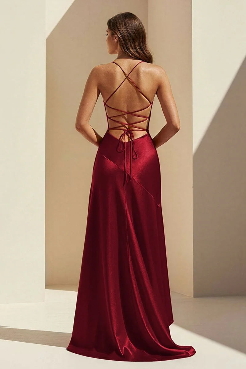 Elegant Mermaid Cowl Neck Open Back Ruffle Slit Satin Gown Prom Dress