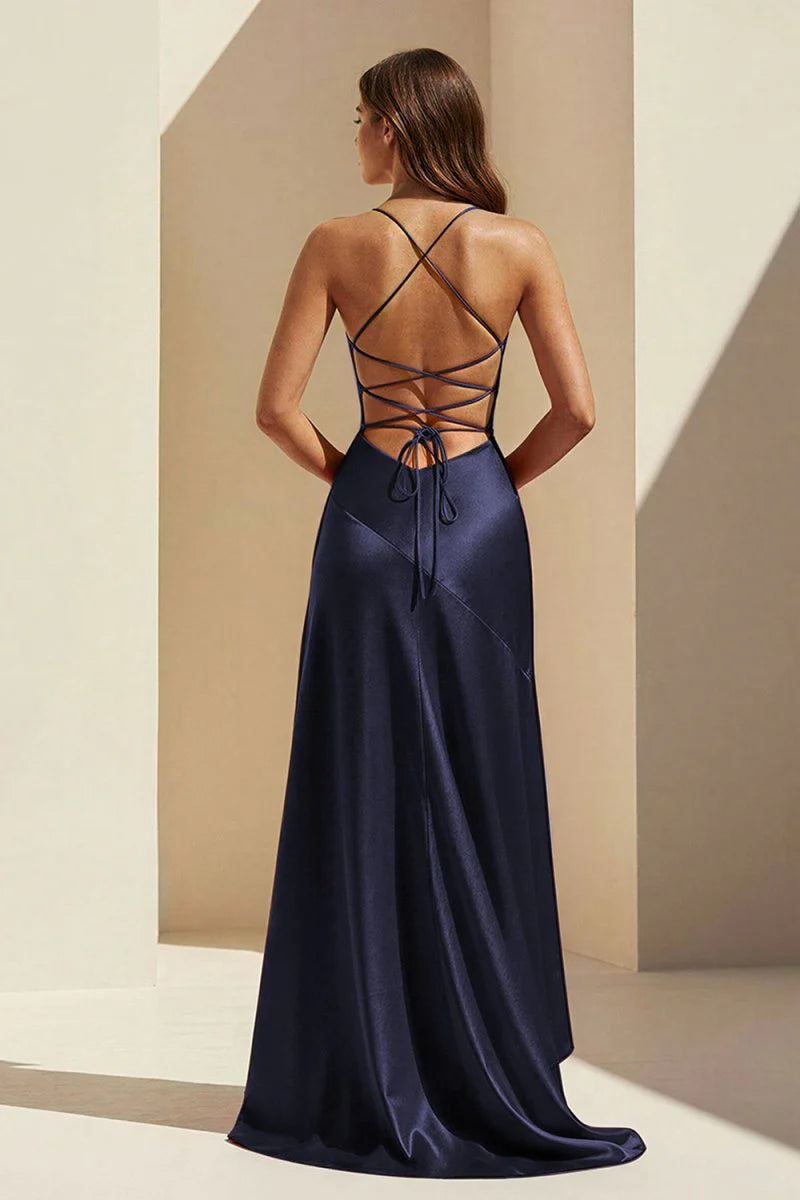 Elegant Mermaid Cowl Neck Open Back Ruffle Slit Satin Gown Prom Dress