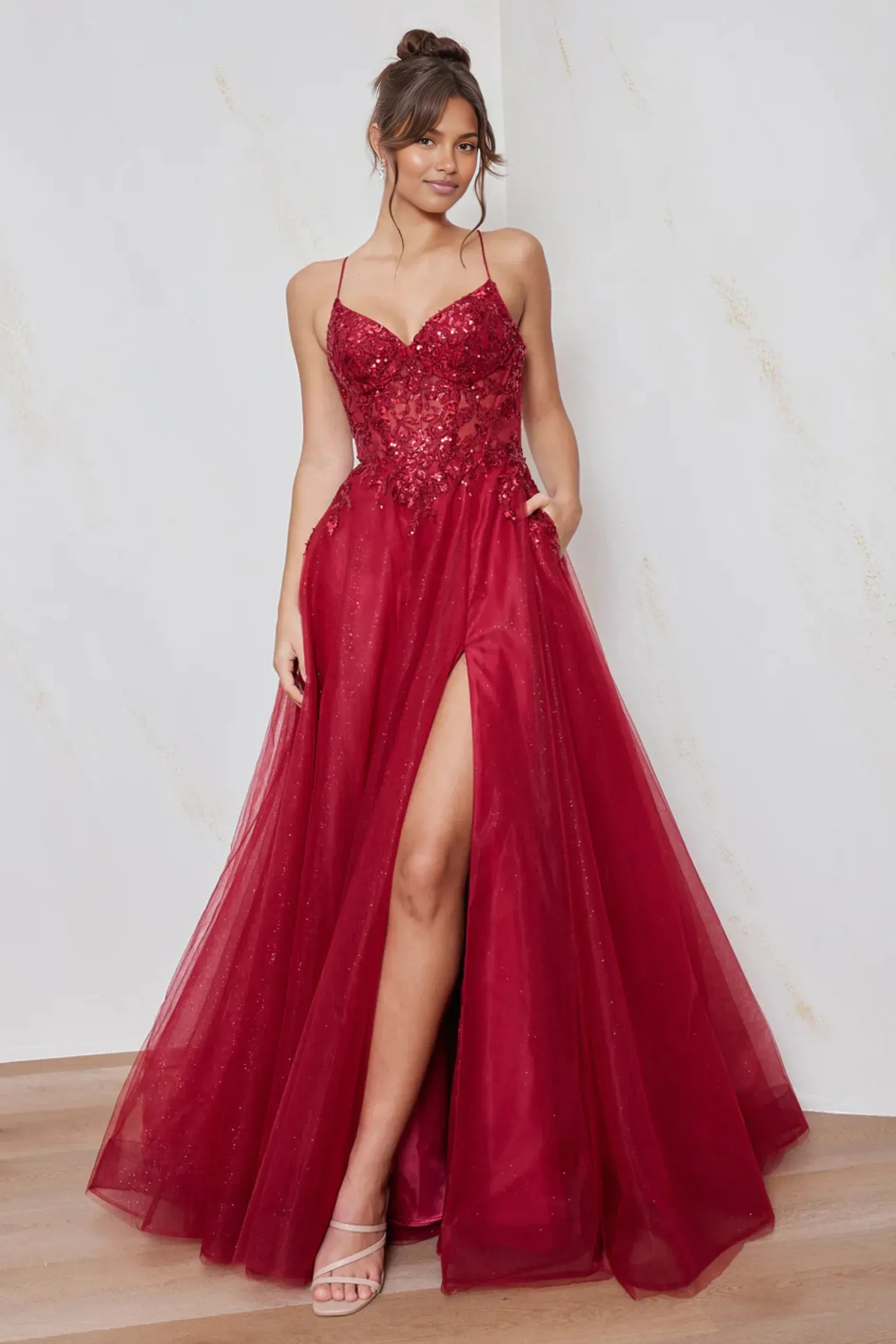 A-Line Sweetheart Spaghetti Strap Glitter Tulle Floral Sequin Lace Applique Corset Prom Gown