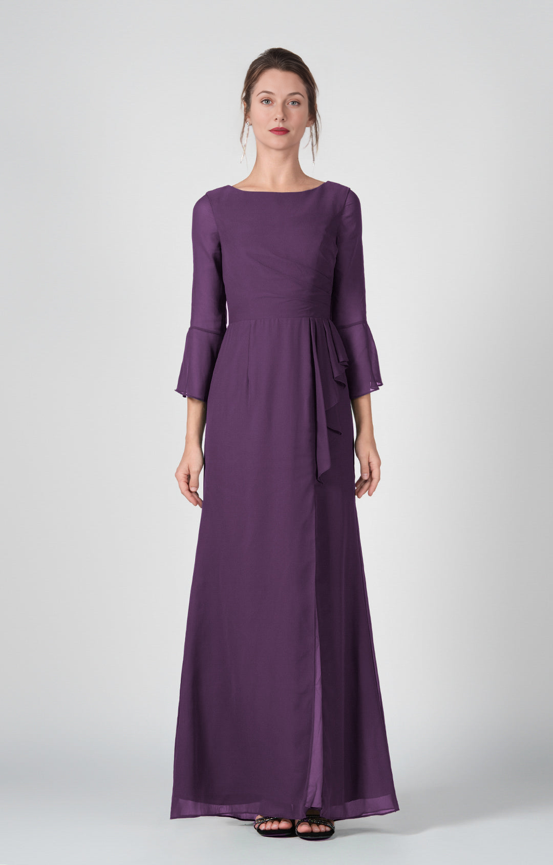 Elegant Sheath Boat Neck Bell Sleeve Open Back Floor-Length Bridesmaid Gown Formal Wedding Guest Dresses