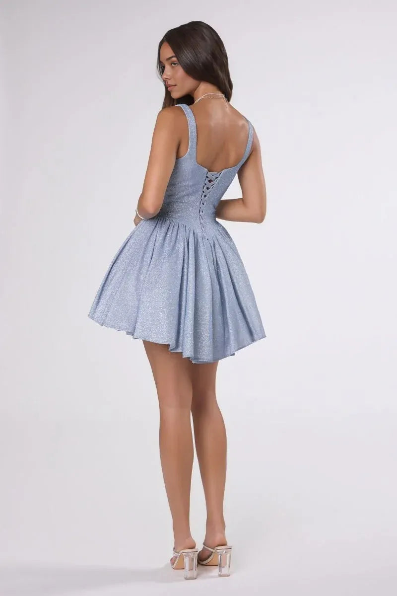 Wide Strap Corset Lace Up Back Glitter Flare Mini Homecoming Dress