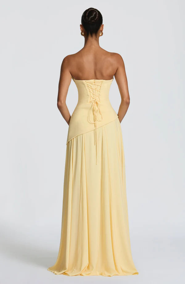 Strapless Cowl Neck Corset Back Chiffon Flowy Floor-Length Evening Dress with Detachable Scarf