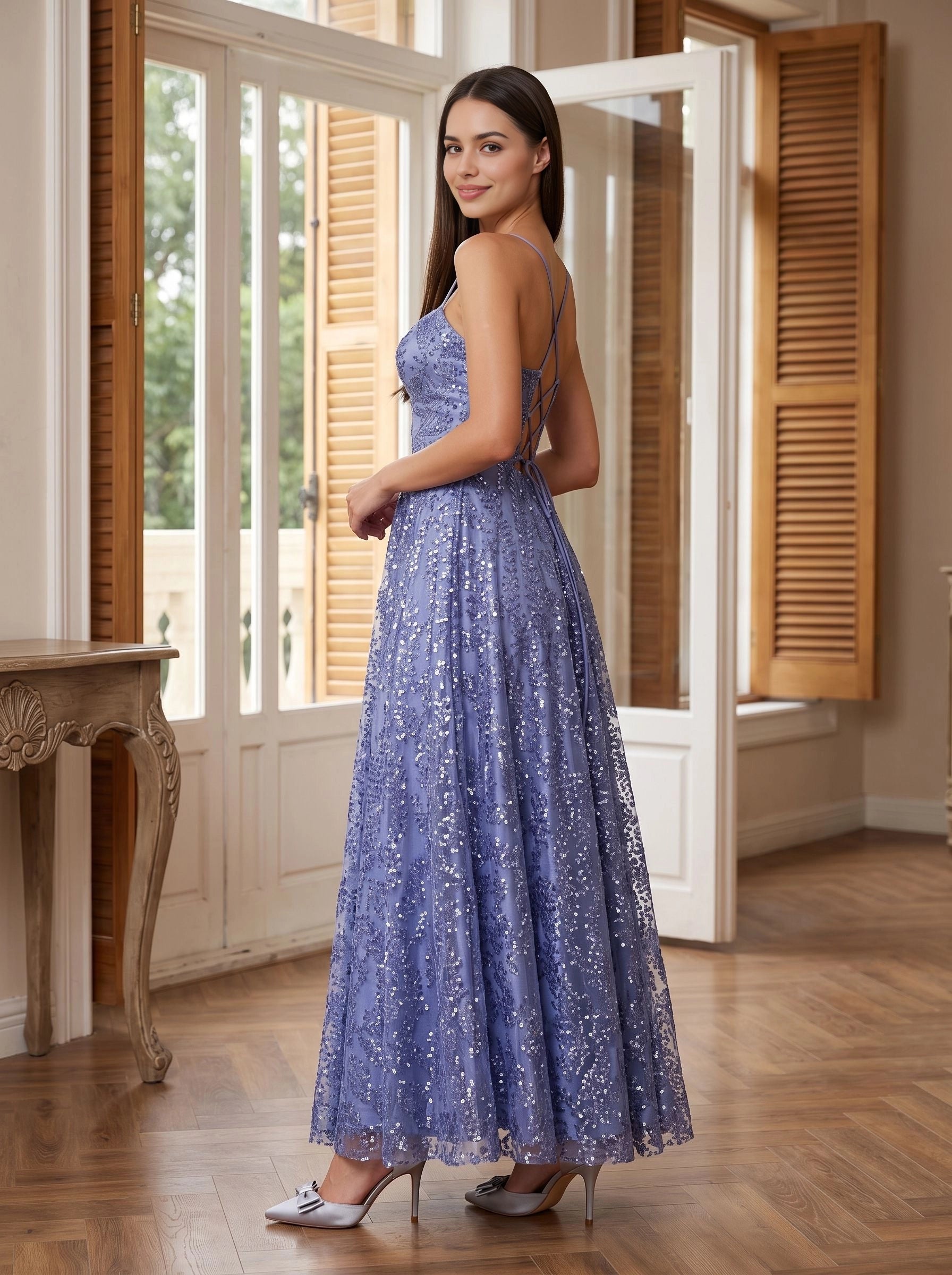 Periwinkle A‑line ankle‑length prom dress sweetheart ruched bodice thin spaghetti straps criss‑cross lace‑up open back sparkling floral sequin tulle formal homecoming gown by Vedress