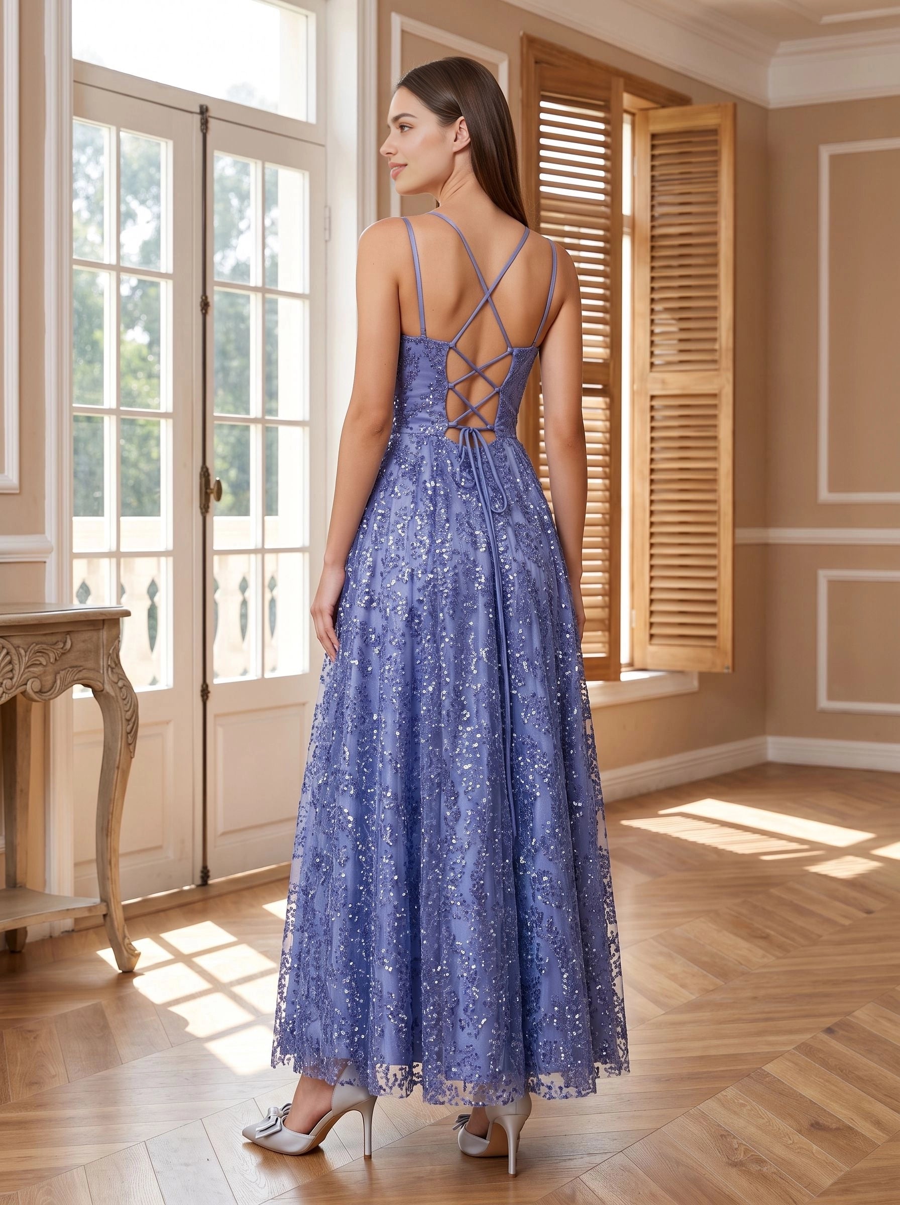 Periwinkle A‑Line Sweetheart Spaghetti‑Strap Lace‑Up‑Back Ankle‑Length Prom Dress