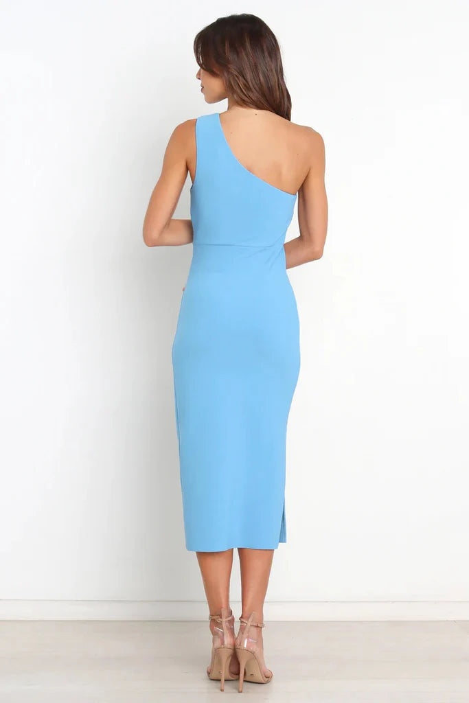 Back view of one-shoulder midi bridesmaid dress with asymmetric neckline, sleek sheath fit, and small back slit for weddings